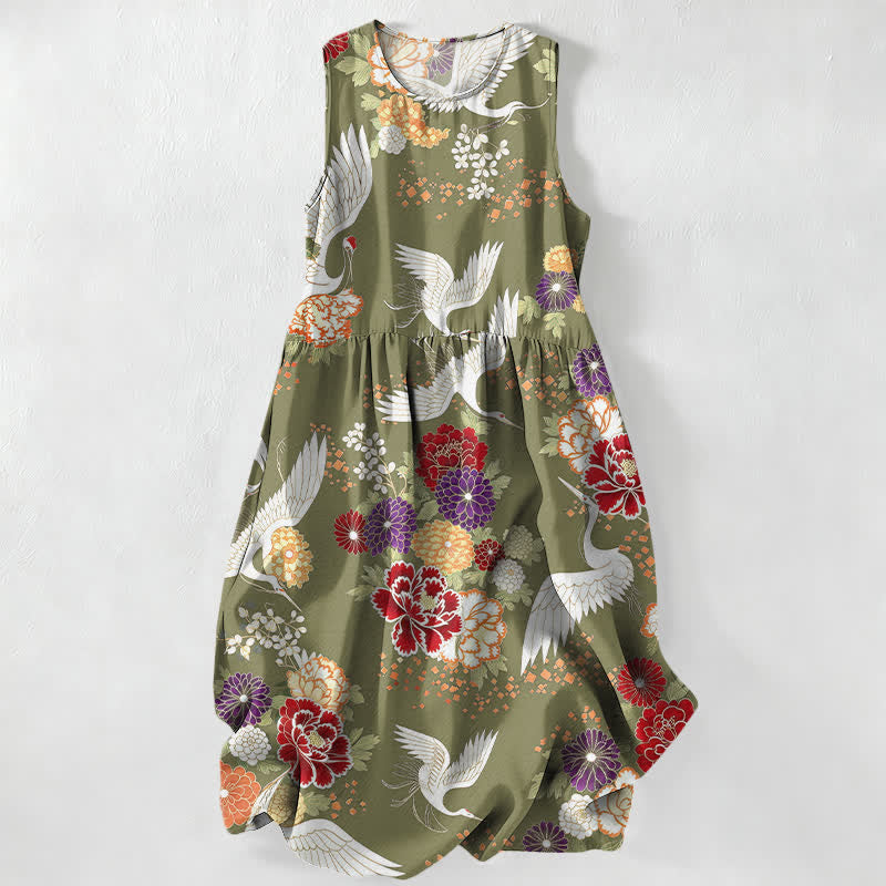 Buddha Stones Summer Casual Vintage Crane Floral Pattern Women's Summer Sleeveless Midi Dress With Pockets - OliveDrab - US16,UK/AU20,EU48 (3XL) - image 4