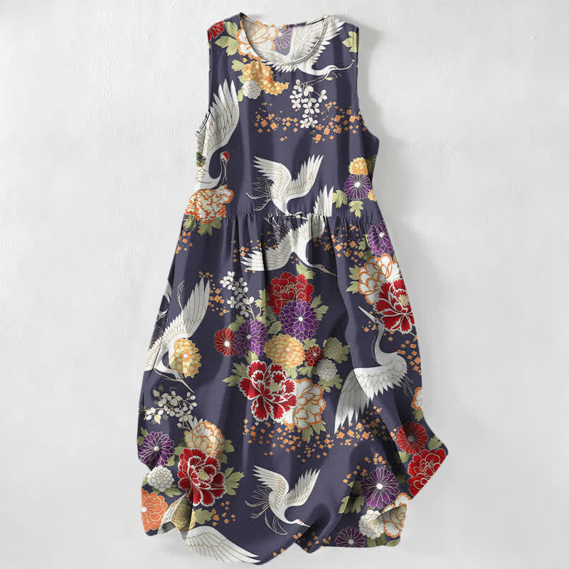 Buddha Stones Summer Casual Vintage Crane Floral Pattern Women's Summer Sleeveless Midi Dress With Pockets - DarkSlateBlue - US16,UK/AU20,EU48 (3XL) - image 5