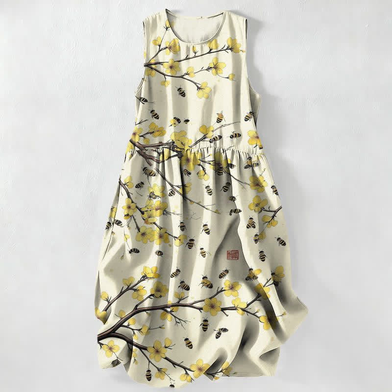 Buddha Stones Summer Casual Yellow Floral Branch Pattern Women's Summer Sleeveless Midi Dress With Pockets - Beige - US16,UK/AU20,EU48 (3XL) - image 0