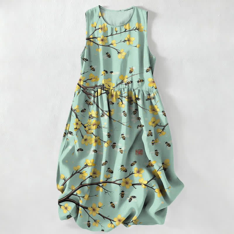 Buddha Stones Summer Casual Yellow Floral Branch Pattern Women's Summer Sleeveless Midi Dress With Pockets - PaleGreen - US16,UK/AU20,EU48 (3XL) - image 4
