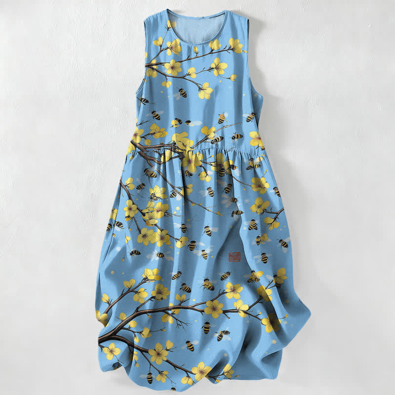 Buddha Stones Summer Casual Yellow Floral Branch Pattern Women's Summer Sleeveless Midi Dress With Pockets - LightBlue - US16,UK/AU20,EU48 (3XL) - image 5