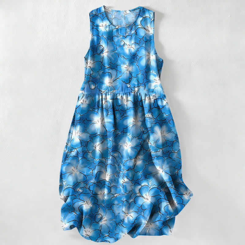 Buddha Stones Summer Casual White Floral Petal Pattern Women's Summer Sleeveless Midi Dress With Pockets - CornflowerBlue - US16,UK/AU20,EU48 (3XL) - image 0