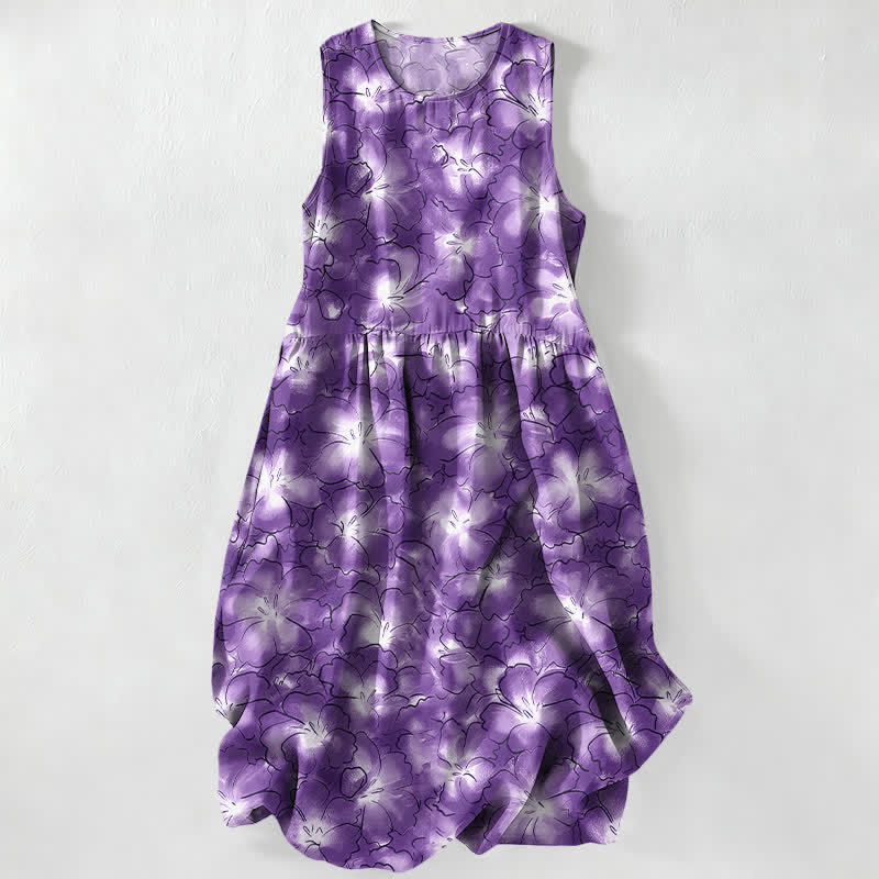 Buddha Stones Summer Casual White Floral Petal Pattern Women's Summer Sleeveless Midi Dress With Pockets - MediumPurple - US16,UK/AU20,EU48 (3XL) - image 5