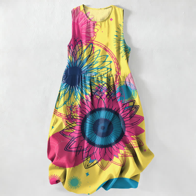 Buddha Stones Summer Casual Radiant Big Sunflowers Floral Burst Pattern Women's Summer Sleeveless Midi Dress With Pockets - Yellow - US16,UK/AU20,EU48 (3XL) - image 0