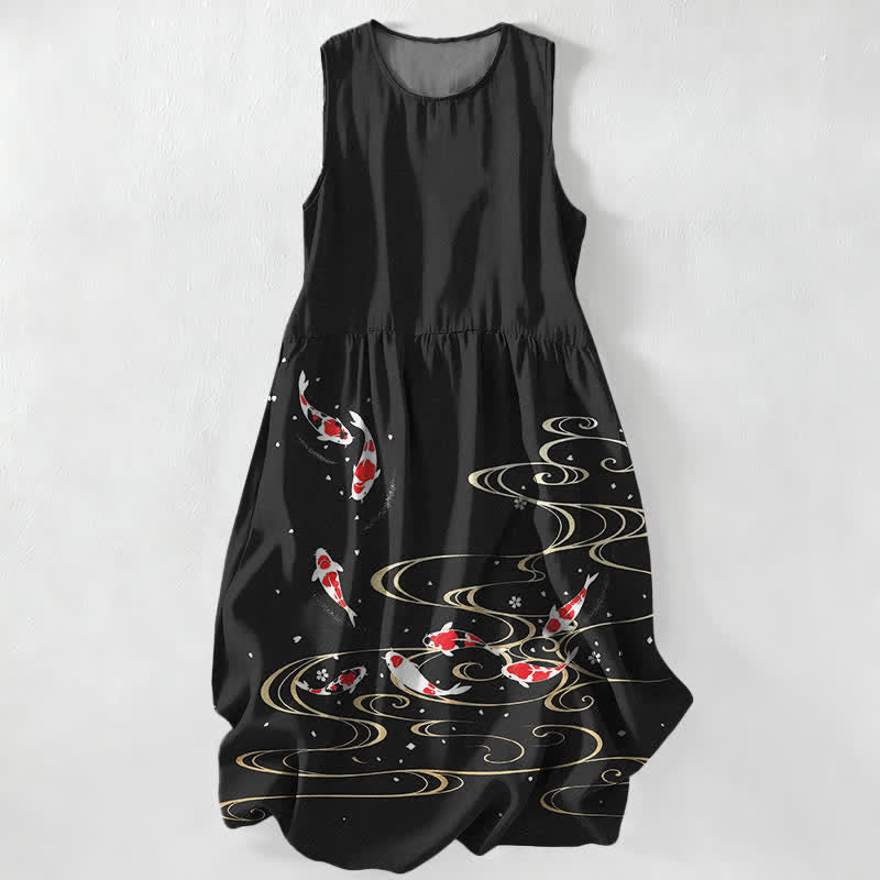 Buddha Stones Summer Casual Koi Fish Ripple Pattern Women's Summer Sleeveless Midi Dress With Pockets - Black - US16,UK/AU20,EU48 (3XL) - image 0