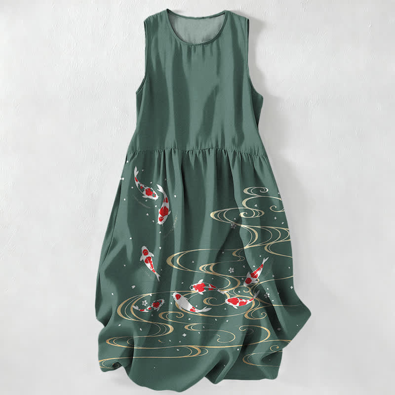 Buddha Stones Summer Casual Koi Fish Ripple Pattern Women's Summer Sleeveless Midi Dress With Pockets - SeaGreen - US16,UK/AU20,EU48 (3XL) - image 4