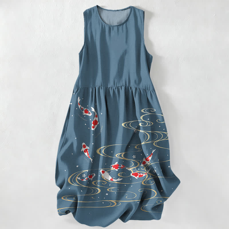 Buddha Stones Summer Casual Koi Fish Ripple Pattern Women's Summer Sleeveless Midi Dress With Pockets - DarkCyan - US16,UK/AU20,EU48 (3XL) - image 5
