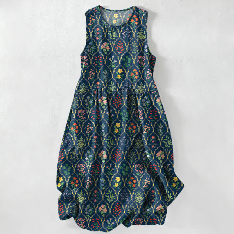 Buddha Stones Summer Casual Various Colorful Floral Vine Pattern Women's Summer Sleeveless Midi Dress With Pockets - MidnightBlue - US16,UK/AU20,EU48 (3XL) - image 0