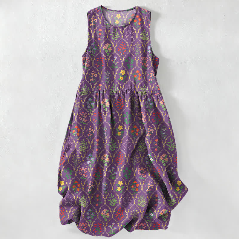 Buddha Stones Summer Casual Various Colorful Floral Vine Pattern Women's Summer Sleeveless Midi Dress With Pockets - Purple - US16,UK/AU20,EU48 (3XL) - image 5