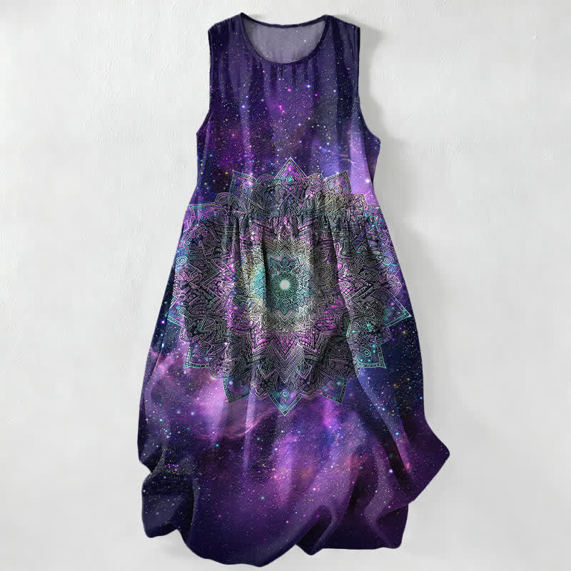 Buddha Stones Summer Casual Cosmic Mandala Galaxy Pattern Women's Summer Sleeveless Midi Dress With Pockets - Indigo - US16,UK/AU20,EU48 (3XL) - image 0