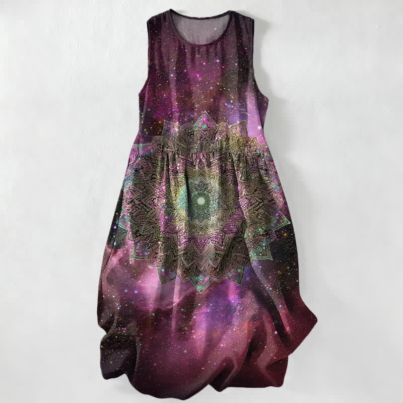 Buddha Stones Summer Casual Cosmic Mandala Galaxy Pattern Women's Summer Sleeveless Midi Dress With Pockets - Purple - US16,UK/AU20,EU48 (3XL) - image 4