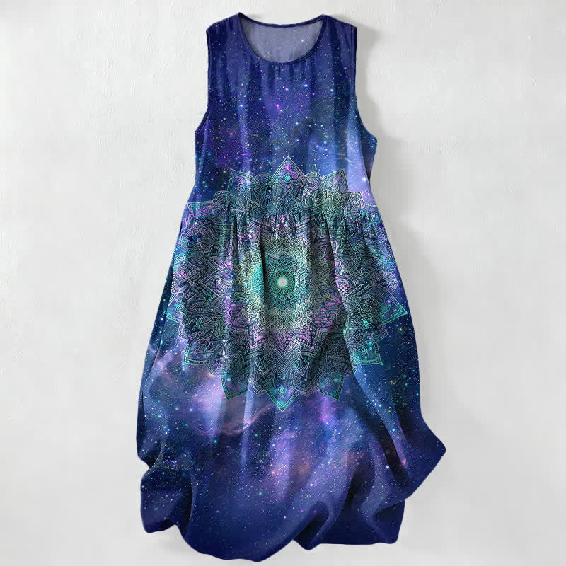 Buddha Stones Summer Casual Cosmic Mandala Galaxy Pattern Women's Summer Sleeveless Midi Dress With Pockets - MidnightBlue - US16,UK/AU20,EU48 (3XL) - image 5