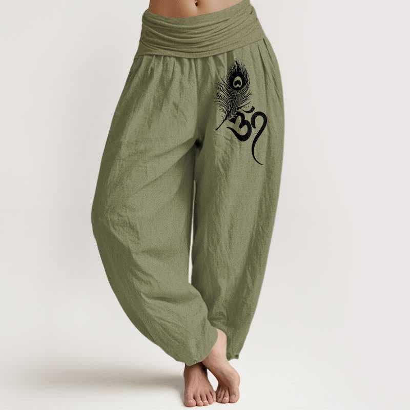 Buddha Stones Pure Cotton Om Feather Pattern Women's Elastic Waist Harem Pants - OliveDrab - US16,UK/AU20,EU48 (3XL) - image 11