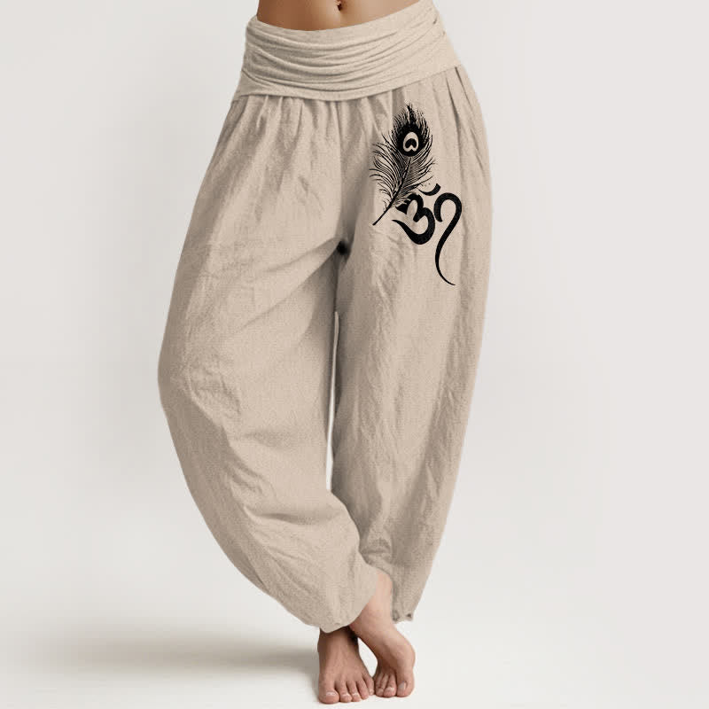 Buddha Stones Pure Cotton Om Feather Pattern Women's Elastic Waist Harem Pants - Tan - US16,UK/AU20,EU48 (3XL) - image 14