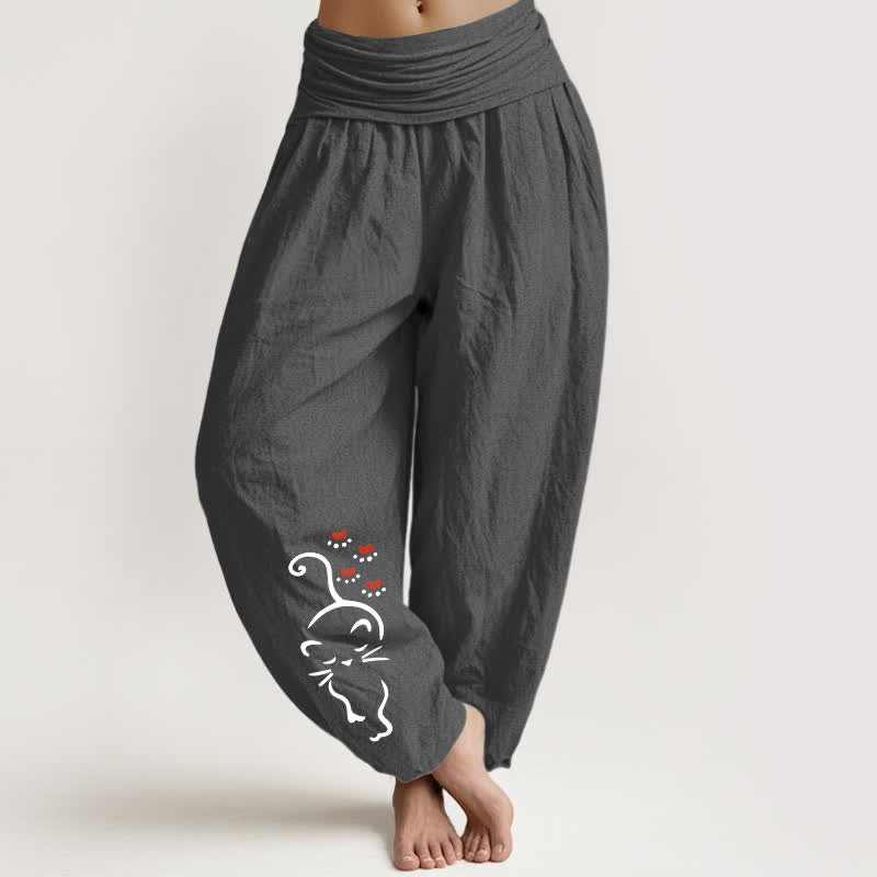 Buddha Stones Pure Cotton Cat Line Cartoon Pattern Women's Elastic Waist Harem Pants - DimGray - US16,UK/AU20,EU48 (3XL) - image 8