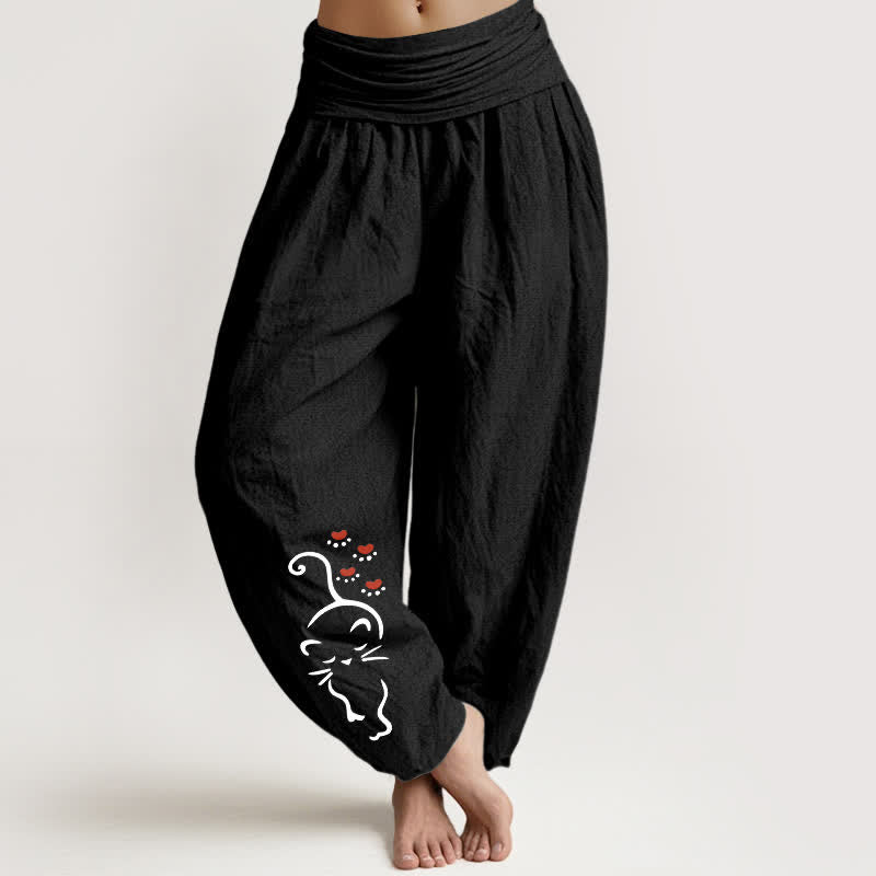 Buddha Stones Pure Cotton Cat Line Cartoon Pattern Women's Elastic Waist Harem Pants - Black - US16,UK/AU20,EU48 (3XL) - image 5