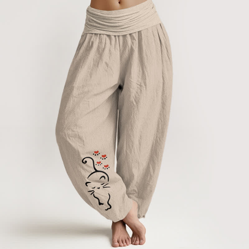 Buddha Stones Pure Cotton Cat Line Cartoon Pattern Women's Elastic Waist Harem Pants - Tan - US16,UK/AU20,EU48 (3XL) - image 0