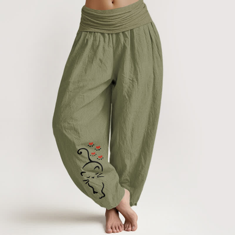 Buddha Stones Pure Cotton Cat Line Cartoon Pattern Women's Elastic Waist Harem Pants - OliveDrab - US16,UK/AU20,EU48 (3XL) - image 14