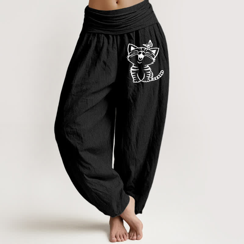 Buddha Stones Pure Cotton Cat Butterfly Pattern Women's Elastic Waist Harem Pants - Black - US16,UK/AU20,EU48 (3XL) - image 5
