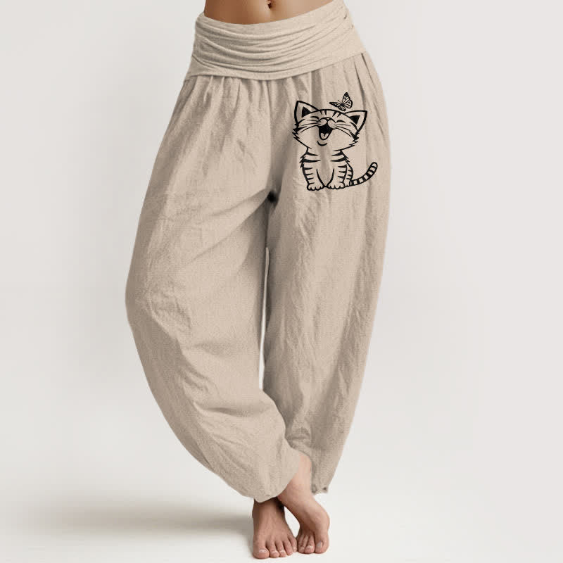 Buddha Stones Pure Cotton Cat Butterfly Pattern Women's Elastic Waist Harem Pants - Tan - US16,UK/AU20,EU48 (3XL) - image 14