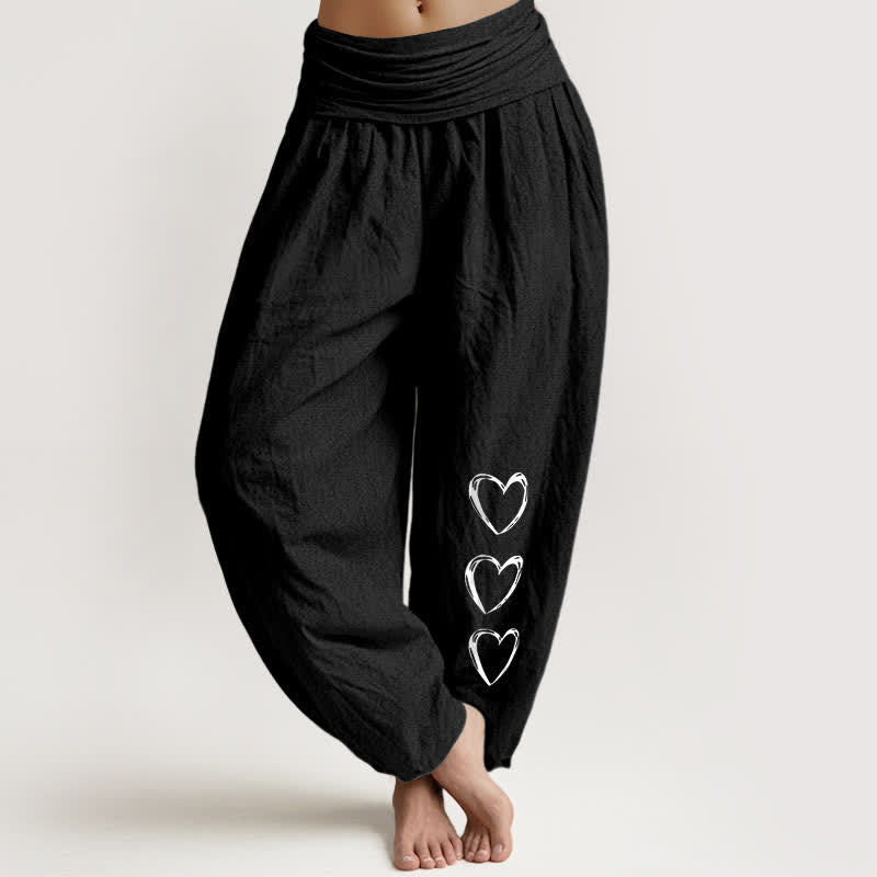 Buddha Stones Pure Cotton Three Love Heart Pattern Women's Elastic Waist Harem Pants - Black - US16,UK/AU20,EU48 (3XL) - image 0
