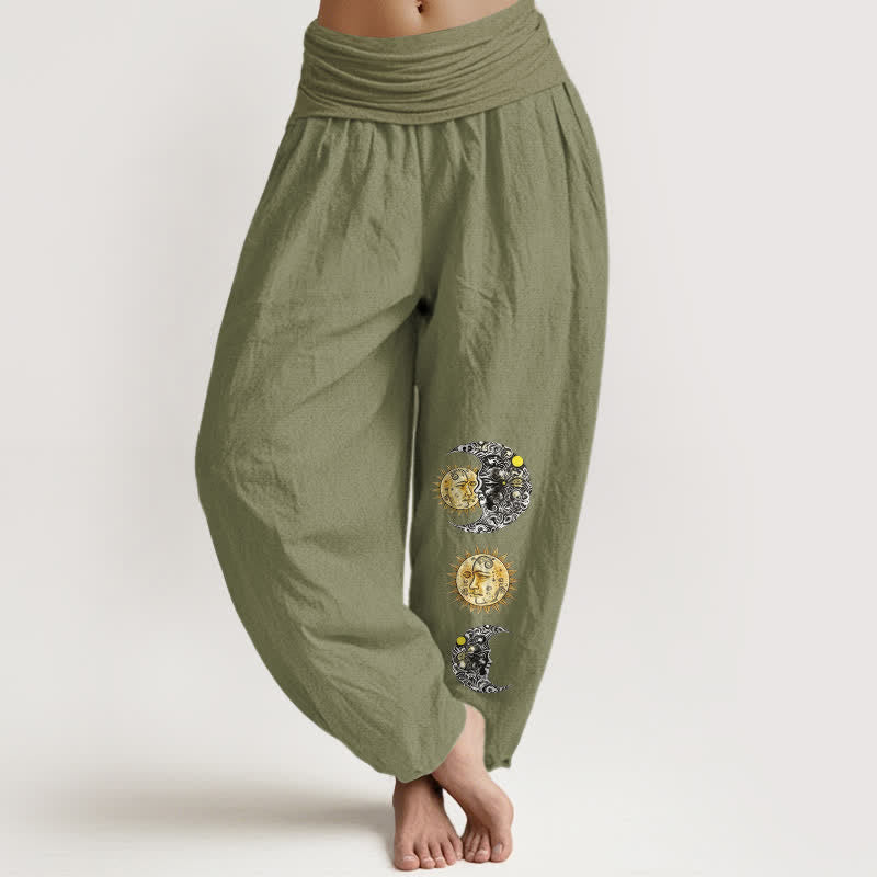 Buddha Stones Pure Cotton Sun and Moon Pattern Women's Elastic Waist Harem Pants - OliveDrab - US16,UK/AU20,EU48 (3XL) - image 11