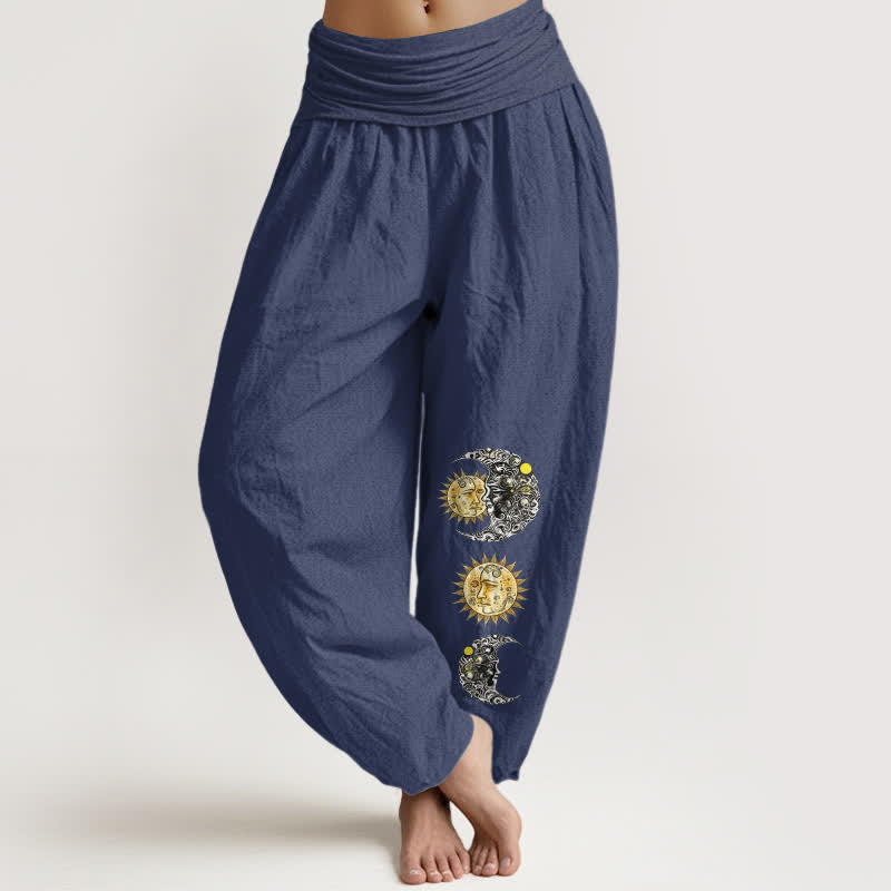 Buddha Stones Pure Cotton Sun and Moon Pattern Women's Elastic Waist Harem Pants - DarkSlateBlue - US16,UK/AU20,EU48 (3XL) - image 5