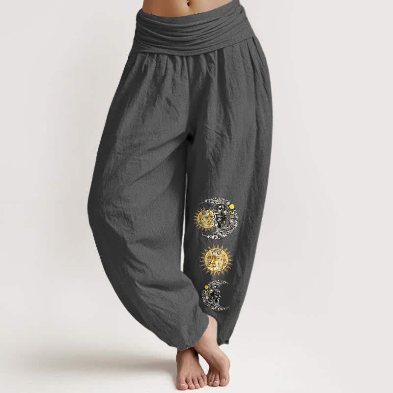 Buddha Stones Pure Cotton Sun and Moon Pattern Women's Elastic Waist Harem Pants - DimGray - US16,UK/AU20,EU48 (3XL) - image 8