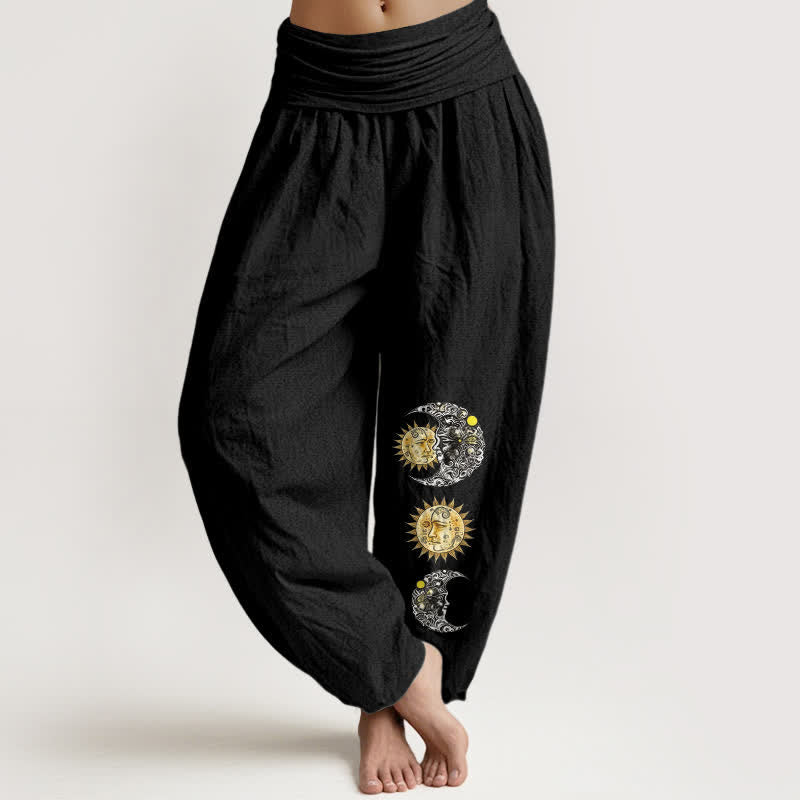 Buddha Stones Pure Cotton Sun and Moon Pattern Women's Elastic Waist Harem Pants - Black - US16,UK/AU20,EU48 (3XL) - image 0