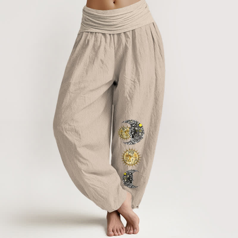 Buddha Stones Pure Cotton Sun and Moon Pattern Women's Elastic Waist Harem Pants - Tan - US16,UK/AU20,EU48 (3XL) - image 14