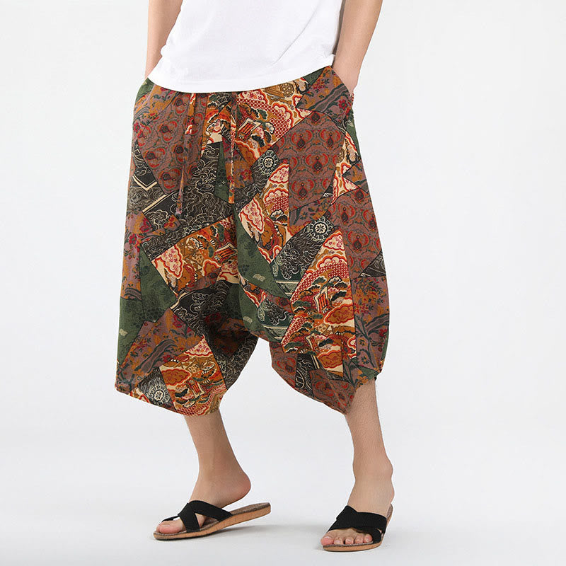 Buddha Stones Summer Boho Casual Drawstring Abstract Geometry Capri Pants Men's Harem Pants With Pocket - Peru - US/UK/AU46,EU56 (5XL) - image 0