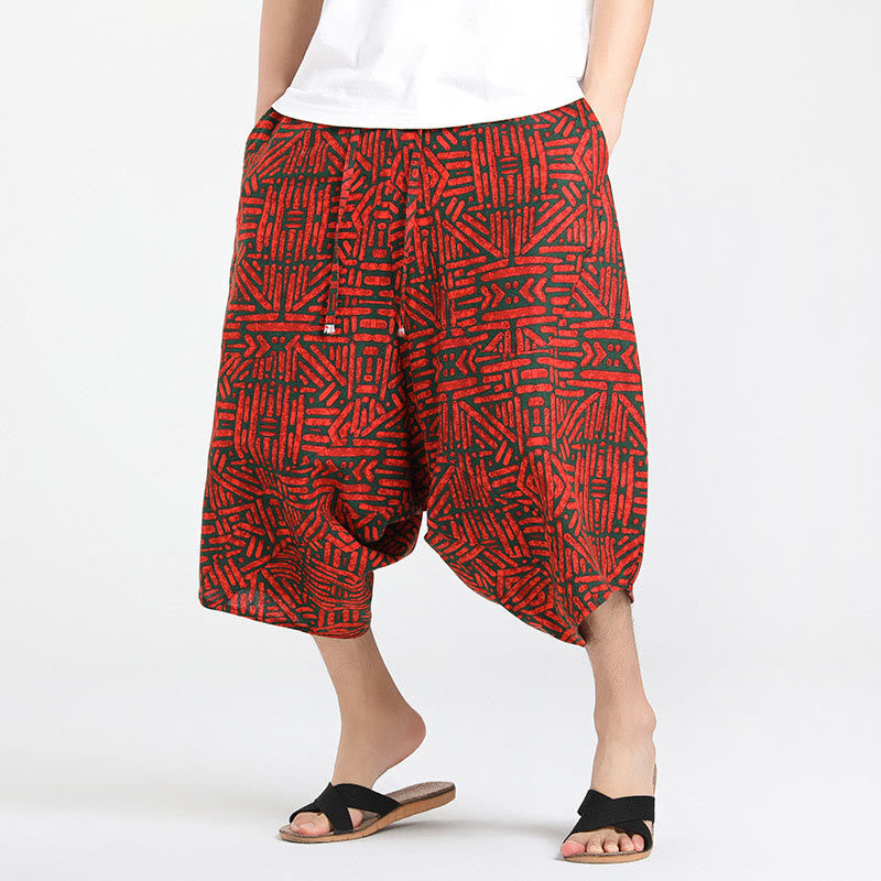 Buddha Stones Summer Boho Casual Drawstring Abstract Geometry Capri Pants Men's Harem Pants With Pocket - Red - US/UK/AU46,EU56 (5XL) - image 16