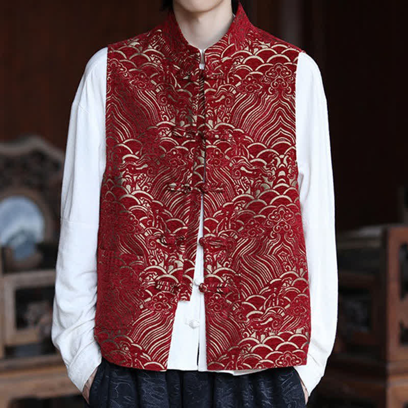 Buddha Stones Fall Tang Style Vintage Mandarin Collar Frog Button Abstract Jacquard Men's Sleeveless Shirts - DarkRed - US/UK/AU46,EU56 (5XL) - image 13