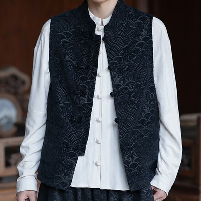Buddha Stones Fall Tang Style Vintage Mandarin Collar Frog Button Abstract Jacquard Men's Sleeveless Shirts - Black - US/UK/AU46,EU56 (5XL) - image 0