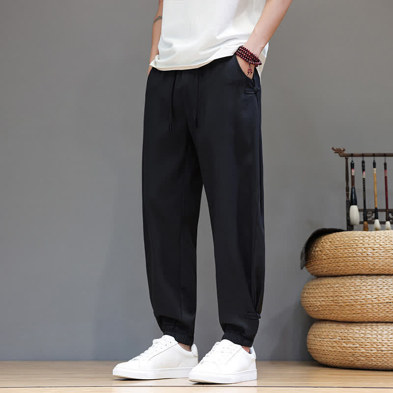 Buddha Stones Spring Summer Casual Minimalist Drawstring Elastic Waist Solid Cropped Pants Men's Tapered Pants With Pocket - Black - US/UK/AU46,EU56 (5XL) - image 12