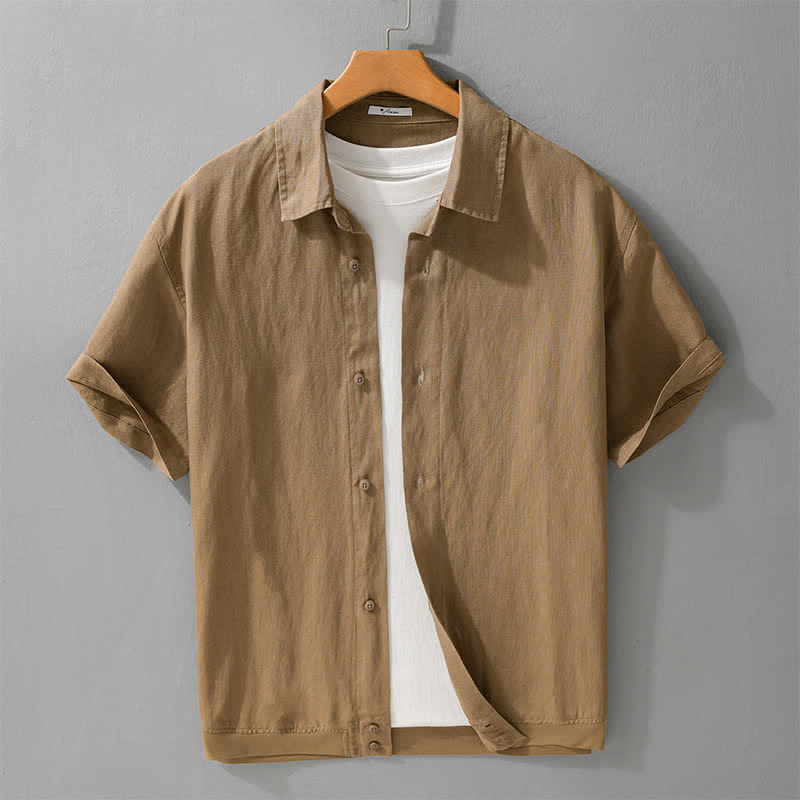 Buddha Stones Summer Casual Minimalist Button-Up Stand Collar Solid Men's Short Sleeve Shirts - Tan - US/UK/AU42,EU52 (3XL) - image 0