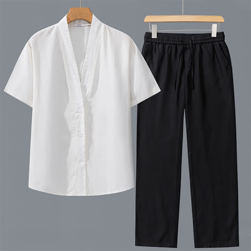 Buddha Stones 2Pcs Spring Summer Casual Minimalist Button-Up Shirt Drawstring Pants Solid Men's Meditation Cloth With Pockets - White Shirt+Black Pants - US/UK/AU42,EU52 (3XL) - image 11