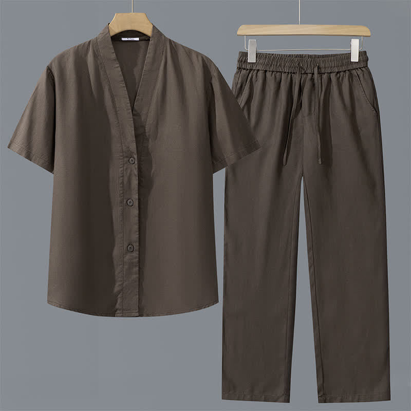 Buddha Stones 2Pcs Spring Summer Casual Minimalist Button-Up Shirt Drawstring Pants Solid Men's Meditation Cloth With Pockets - Brown Shirt+Brown Pants - US/UK/AU42,EU52 (3XL) - image 1