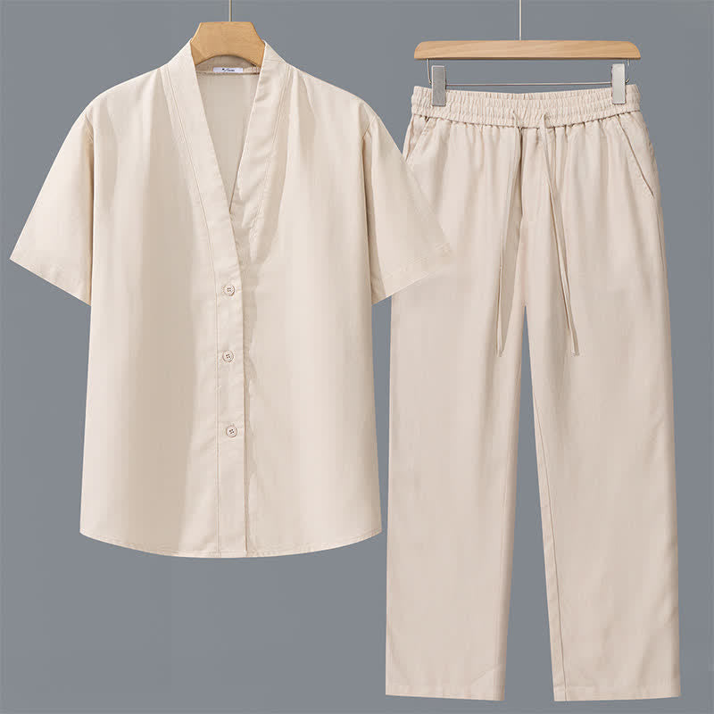 Buddha Stones 2Pcs Spring Summer Casual Minimalist Button-Up Shirt Drawstring Pants Solid Men's Meditation Cloth With Pockets - Beige Shirt+Beige Pants - US/UK/AU42,EU52 (3XL) - image 4