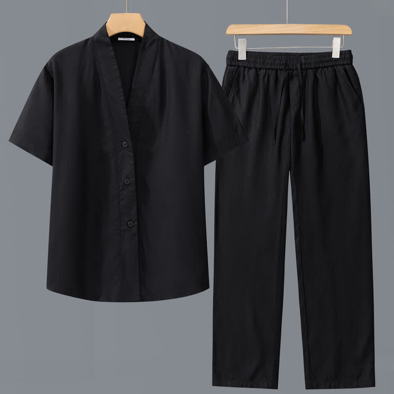 Buddha Stones 2Pcs Spring Summer Casual Minimalist Button-Up Shirt Drawstring Pants Solid Men's Meditation Cloth With Pockets - Black Shirt+Black Pants - US/UK/AU42,EU52 (3XL) - image 2