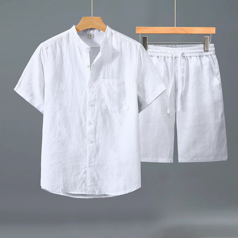 Buddha Stones 2Pcs Summer Casual Tang Style Button-Up Short Sleeve Shirt Shorts Solid Linen Men's Meditation Cloth With Pocket - White Shirt+White Pants - US/UK/AU42,EU52 (3XL) - image 7