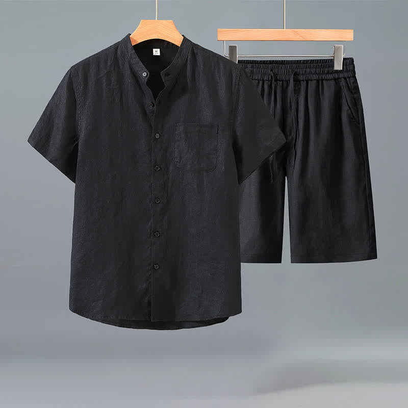 Buddha Stones 2Pcs Summer Casual Tang Style Button-Up Short Sleeve Shirt Shorts Solid Linen Men's Meditation Cloth With Pocket - Black Shirt+Black Pants - US/UK/AU42,EU52 (3XL) - image 4