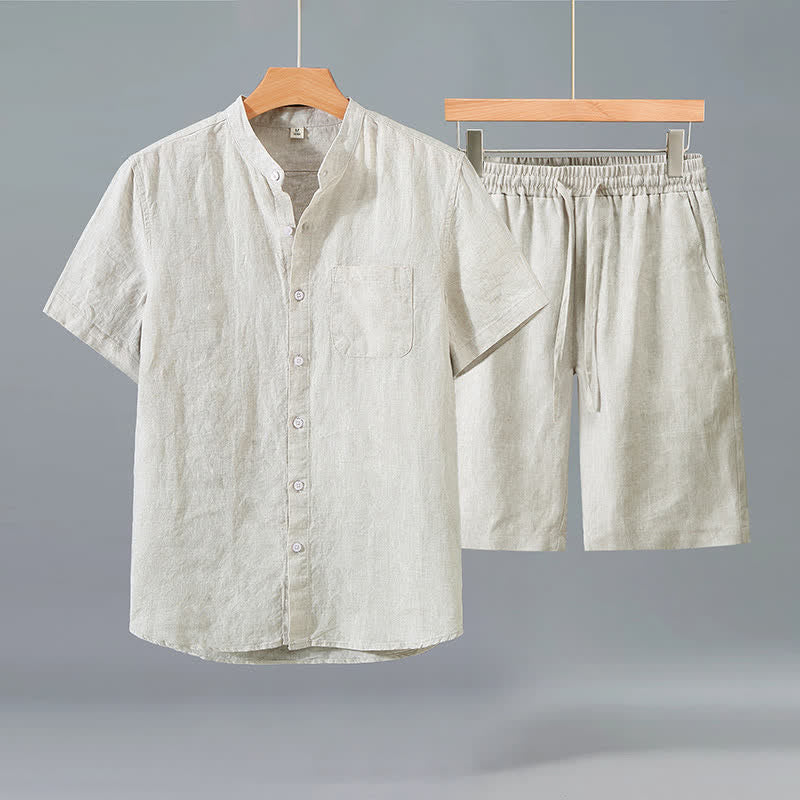 Buddha Stones 2Pcs Summer Casual Tang Style Button-Up Short Sleeve Shirt Shorts Solid Linen Men's Meditation Cloth With Pocket - Beige Shirt+Beige Pants - US/UK/AU42,EU52 (3XL) - image 0