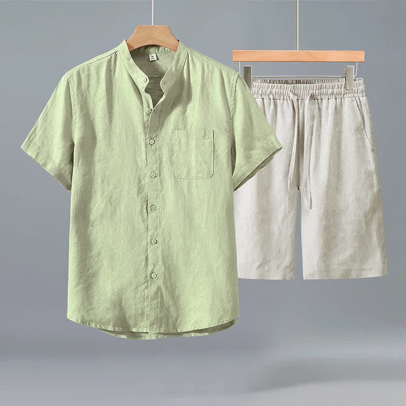 Buddha Stones 2Pcs Summer Casual Tang Style Button-Up Short Sleeve Shirt Shorts Solid Linen Men's Meditation Cloth With Pocket - Green Shirt+Beige Pants - US/UK/AU42,EU52 (3XL) - image 6