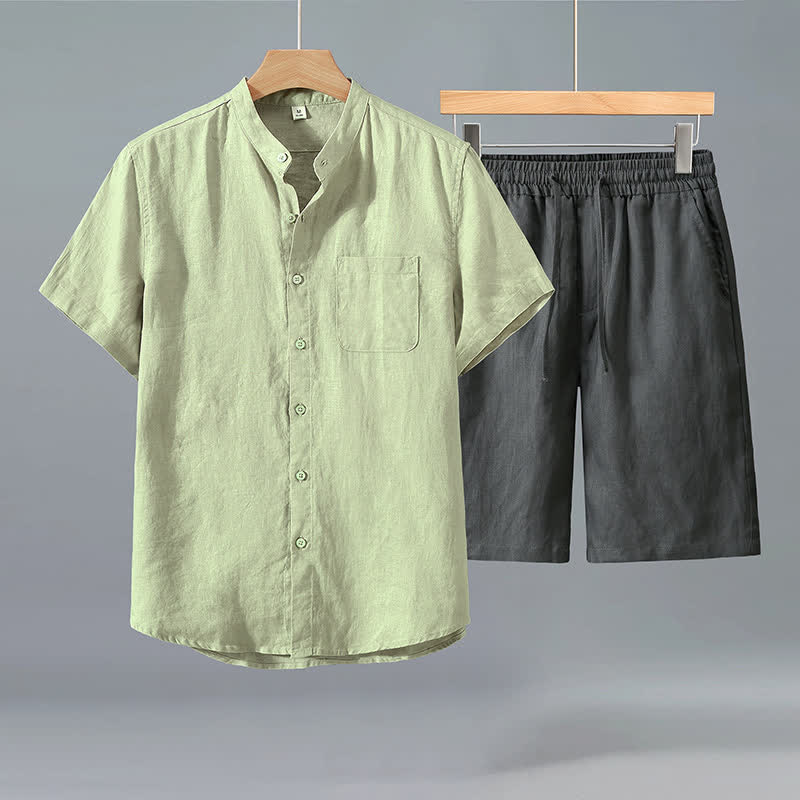 Buddha Stones 2Pcs Summer Casual Tang Style Button-Up Short Sleeve Shirt Shorts Solid Linen Men's Meditation Cloth With Pocket - Green Shirt+Gray Pants - US/UK/AU42,EU52 (3XL) - image 5