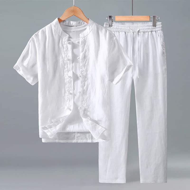 Buddha Stones 2Pcs Summer Tang Style Meditation Frog Button Short Sleeve Shirt Pants Solid Linen Men's Meditation Cloth - White - US/UK/AU42,EU52 (3XL) - image 8