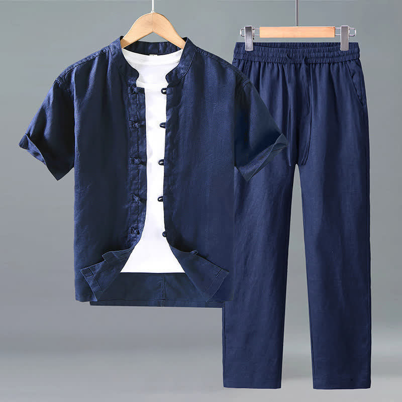 Buddha Stones 2Pcs Summer Tang Style Meditation Frog Button Short Sleeve Shirt Pants Solid Linen Men's Meditation Cloth - MidnightBlue - US/UK/AU42,EU52 (3XL) - image 7