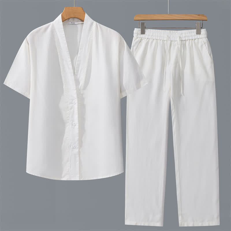 Buddha Stones 2Pcs Spring Summer Casual Minimalist Button-Up Shirt Drawstring Pants Solid Men's Meditation Cloth With Pockets - White Shirt+White Pants - US/UK/AU42,EU52 (3XL) - image 12