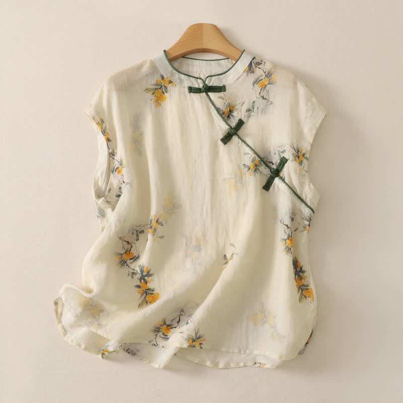 Buddha Stones Summer Tang Style Vintage Mandarin Collar Yellow Loquat Floral Tank Top Women's Sleeveless Shirts - Beige - Sleeveless - US12,UK/AU16,EU44 (2XL) - image 0