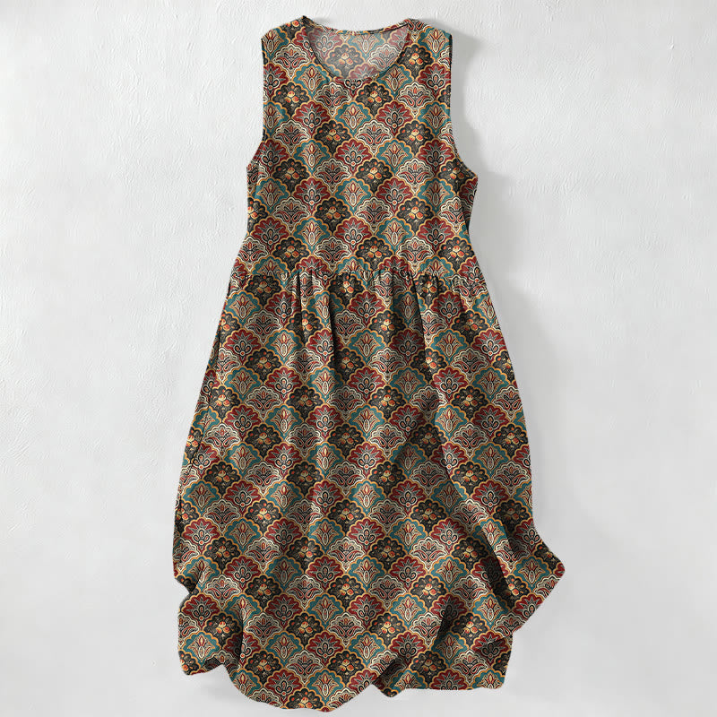 Buddha Stones Summer Casual Vintage Persian Floral Pattern Women's Summer Sleeveless Midi Dress With Pockets - Sienna - US16,UK/AU20,EU48 (3XL) - image 0